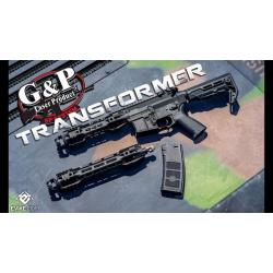 G&P Transformer Compact M4 Airsoft w/ QD Front Assembly (Version 12 inch and 8 inch Cutter Brake) Pice: 2x,xxx baht Product Brand: G&P Product Code: EGT001AP Hop-Up: ADJUSTABLE Weight: 2,400 g Length: 585 mm Capacity: 130 rds Power: 360 fps Motor: Battery