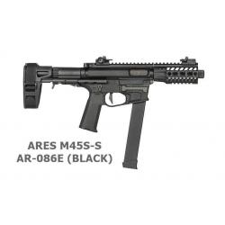 Ares M45-S Class (Short) with EFCS Gearbox ”บอดี้ไฟเบอร์” Features: Pistol caliber carbine design. Fully folding stock with arm stabiliser band. Plugs and plays with other M45 designed accessories. Good for 380fps. Comes with 1 55 round short magazine and