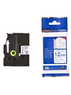 BROTHER ฉลากเทปติดผ้า 12 mm. อักษรน้ำเงินพื้นขาว Fabric Tape TZE-FA3
