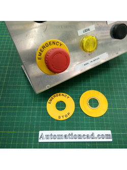 แผ่นเนมเพลทปุ่มกด Emergency IDEC สีเหลือง วงกลม Ø60mm (รู 22 mm) HWAV-27