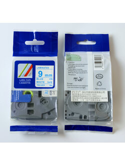 9mm. อักษรฟ้า พื้นขาว สติกเกอร์ PUTY ใช้เทียบกับ BROTHER TZE-223