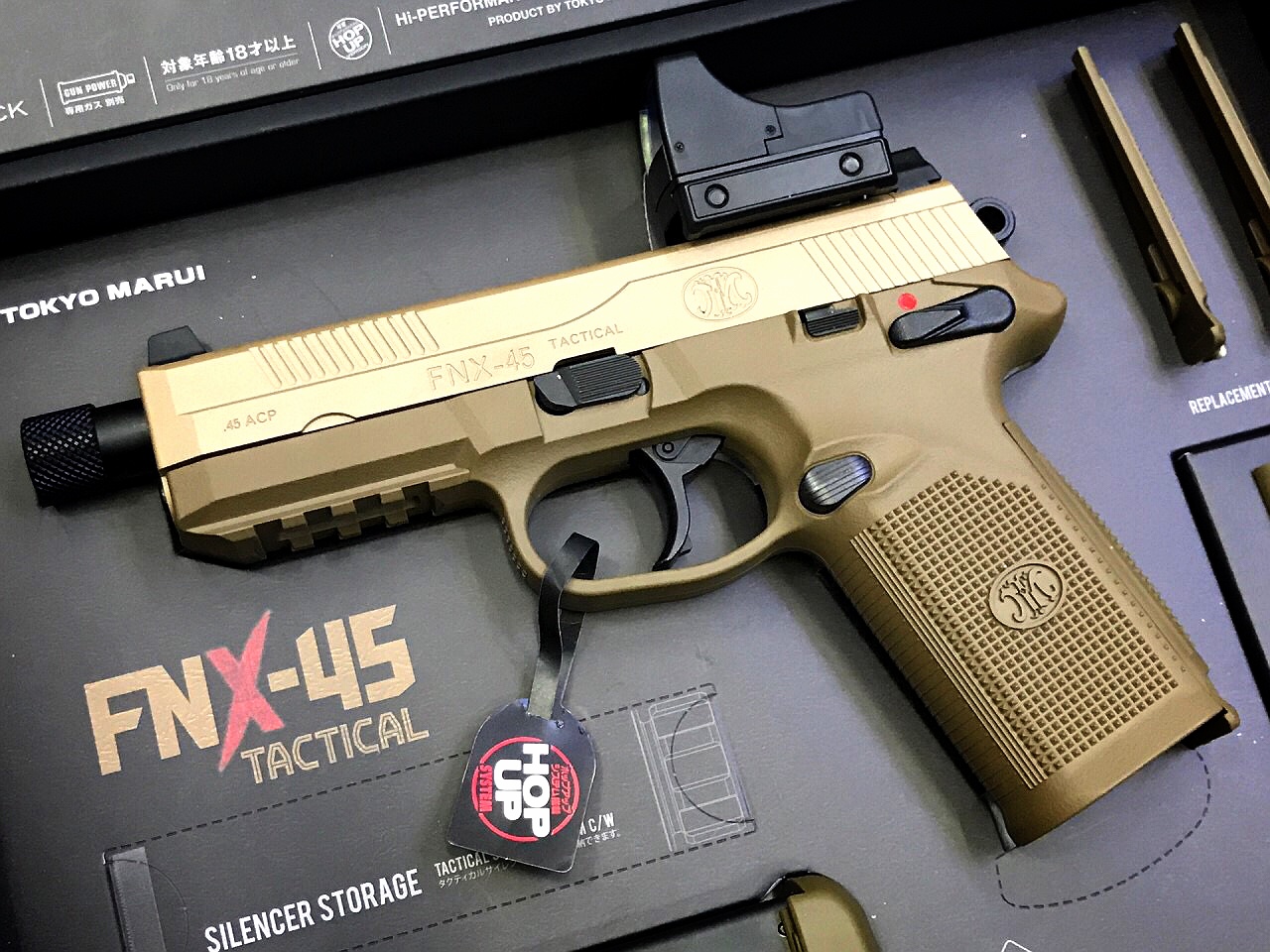 New Arrival! มาใหม่! TOKYO MARUI - FNX-45 Tactical (GBB) - 1 Tokyo Marui FNX-45 Tactical - 1 Spare magazine (29 bbs) - 4 Backstraps (Checker type S/M, Rib type S/M) - 1 Safety cap - 1 User manual - 1 Cleaning rod - 1 Tokyo Marui BBs bag (0.20g/100 bb) ราค