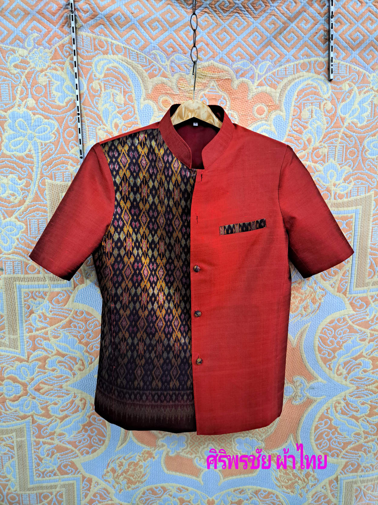 เสื้อสูทผ้าไหม แท้ 4 เส้น แต่งด้วยผ้าไหม มัดหมี่ 2 ตะกอ เสื้อสูทผ้าไหมแท้ ตามภาพ L