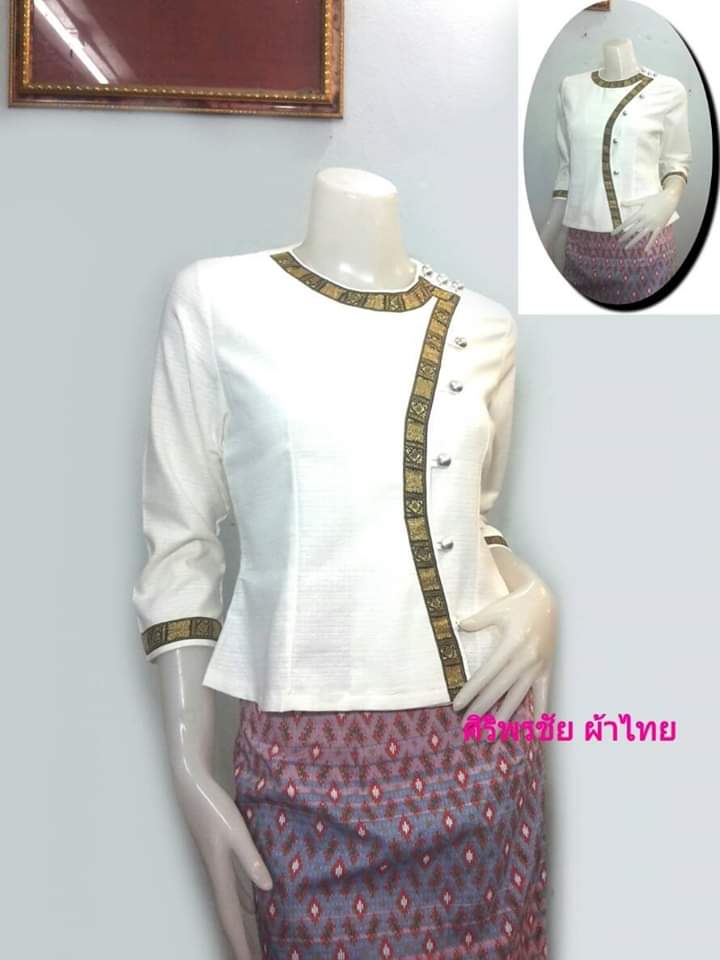 เสื้อผ้าไทยสีขาวเดินเทป #เสื้อผ้าฝ้ายสีขาวคอจีน เสื้อ #เสื้อทำงานผ้าไทยสีขาวคอจีน #เสื้อผ้าฝ้ายสีขาวแขนสามส่วนแต่งกุ้นเทป สีขาว XL