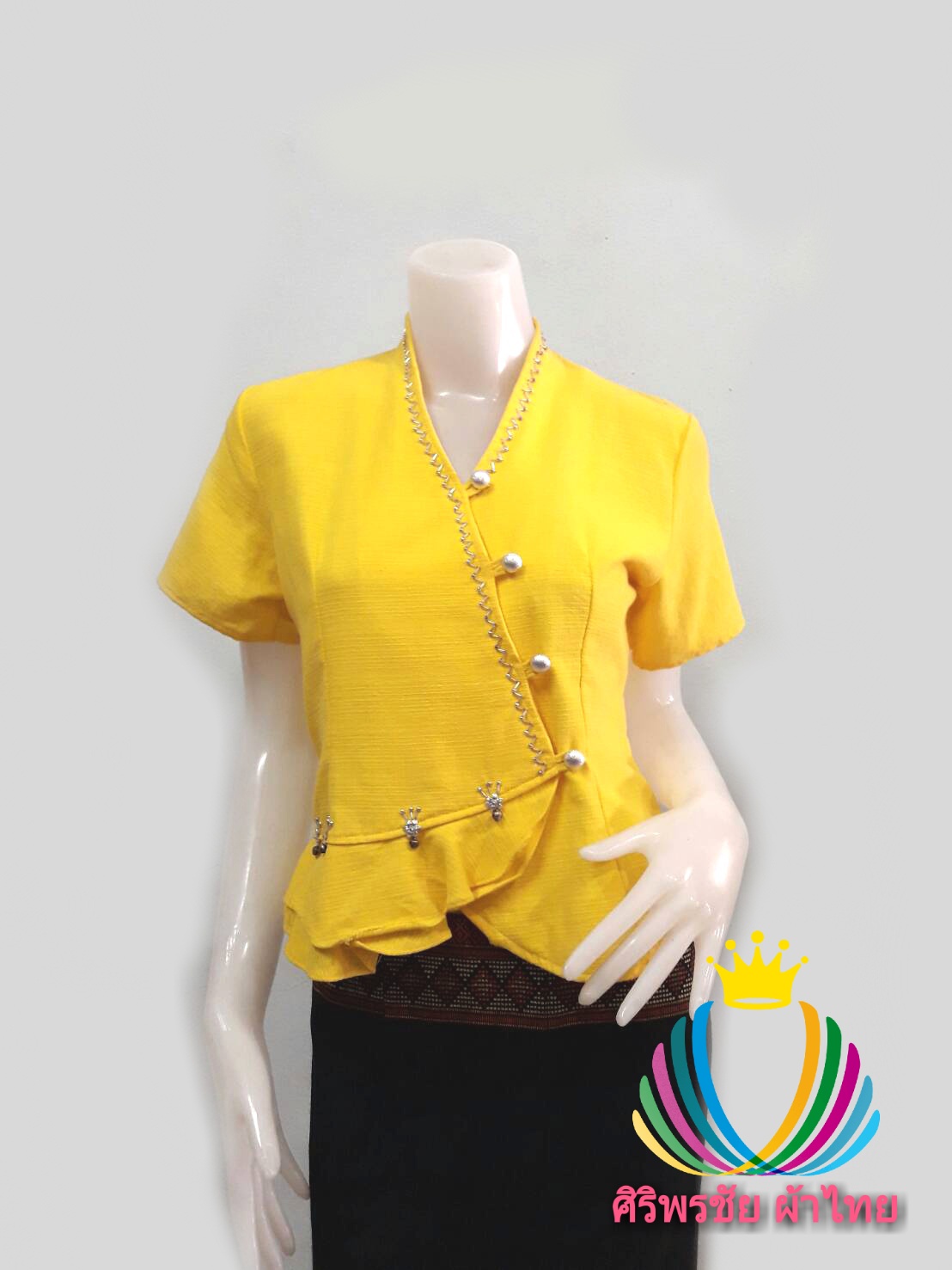เสื้อผ้าไทยสีเหลือง เสื้อผ้าฝ้ายสวยๆสีเหลือง เสื้อทำงานผ้าไทย เสื้อผ้าฝ้ายคอจีนสีเหลือง ปักมุกแต่งเกล็ดเอวระบายสไตน์วัยรุ่น
