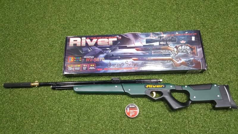 New.ปืนอัดลมปั๊มอินโดSharp River 5.5mm.cal. Slide Pump Air Rifle เบอร์ 2 ✔แรง 600Fps. ✔Body Wood ไม้ ✔Slide Pump 3-9 ครั้ง ✔ป้อนกระสุนทีละนัดยิง ✔ลำกล้อง Barrel 67cm ✔มาพร้อมศูนย์หน้า-หลัง ✔หวังผล 25-35m.ไก