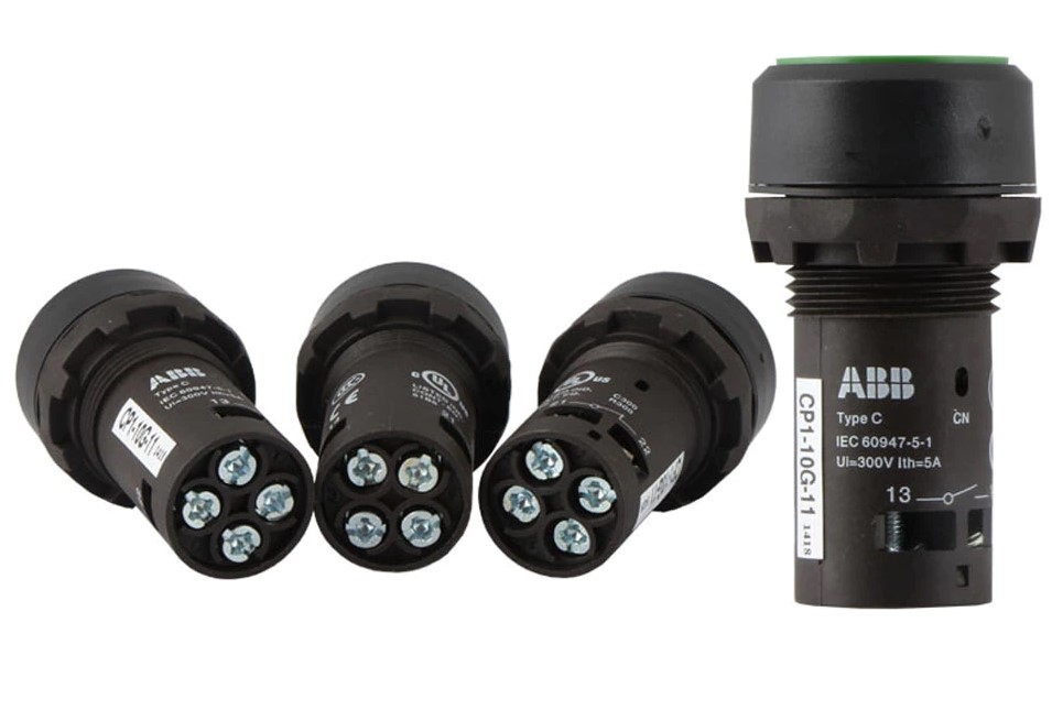 ปุ่มกด ABB 1NO+1NC สวิตซ์กดเด้งกลับ สีเขียว รู 22 mm Push Button Switch