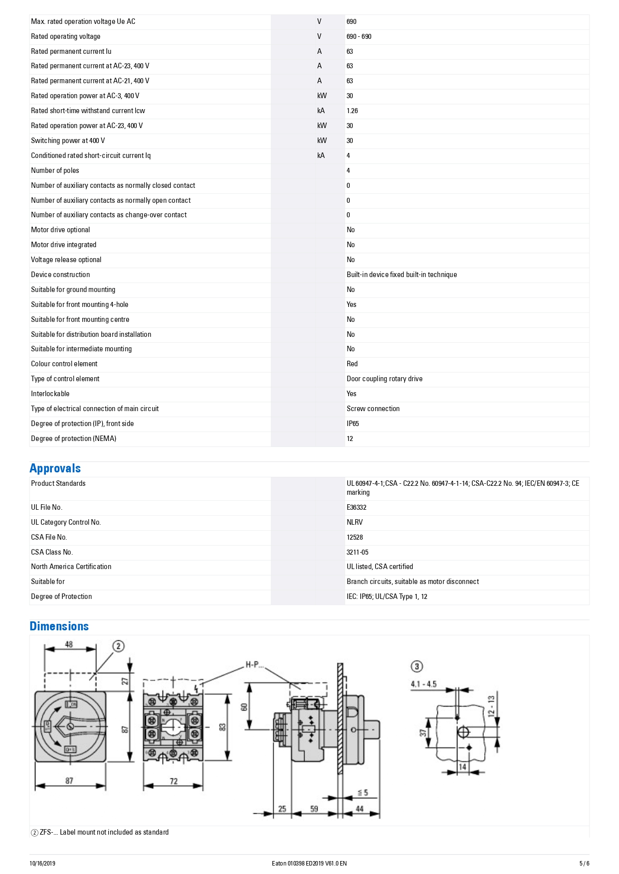 สวิตช์หลัก EATON P3-63/EA/SVB/N 63A 30kW IP65 Main Switch 3P+N Pole Flush Mount Isolator Switch