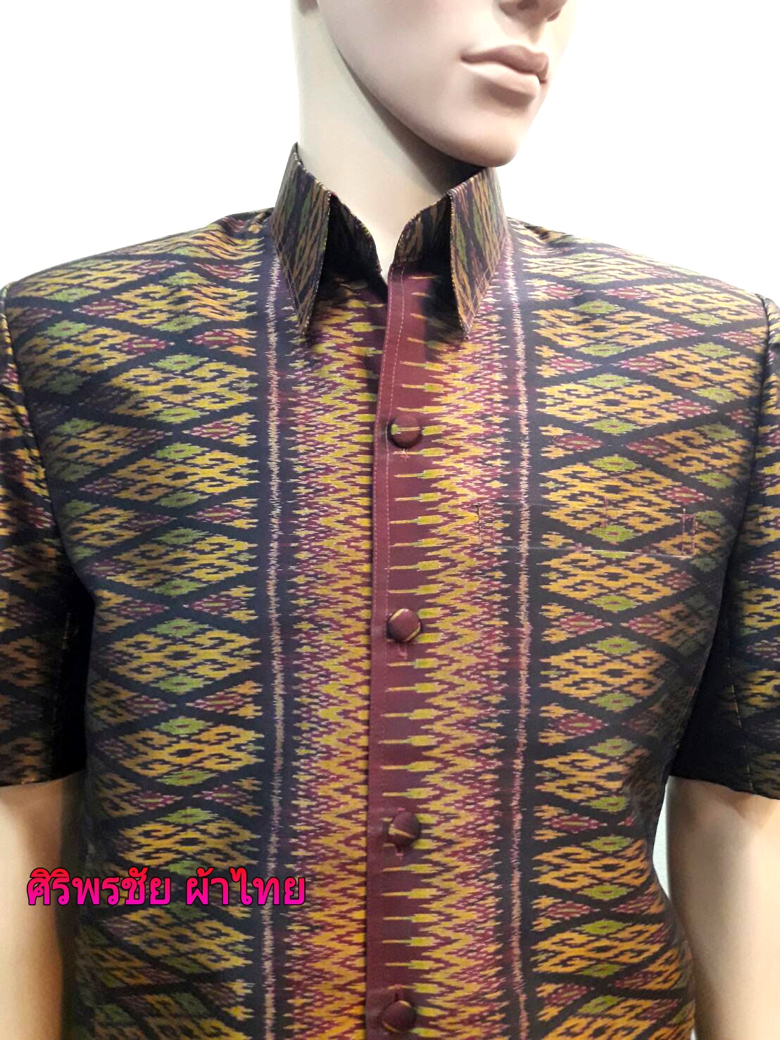 เสื้อสูทชายไหมแท้มัดหมี่ตีนแดง เสื้อสูทชายไหมแท้ สูทผ้าไทยชาย ซาฟารีผ้าไหมชาย สูทผ้าไหมมัดหมี่แท้สีแดงเลือดนกทอมือ5 สี