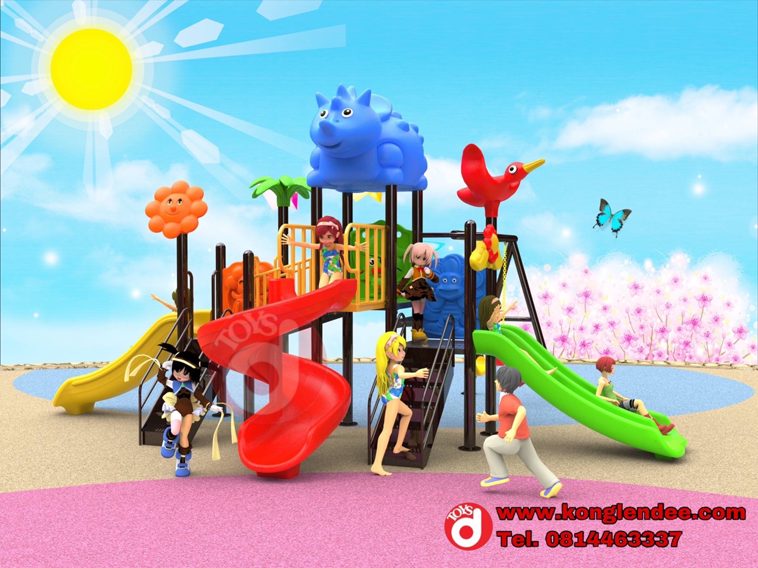 เครื่องเล่นสนาม ชุดไดโนเสาร์สามสไลด์พร้อมชิงช้า