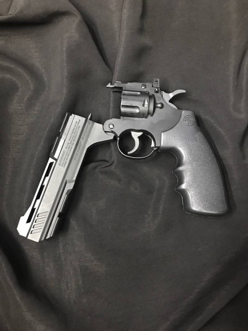 New.Re-Stock Crosman Vigilante Revolver Uses a 12-gram CO2 cartridge 10rd pellet magazine 6rd BB magazine Single- or double-action Fixed front sight Fully adjustable rear sight Dual Picatinny/Weaver accessory rails Manual safety Synthetic, textured grip w