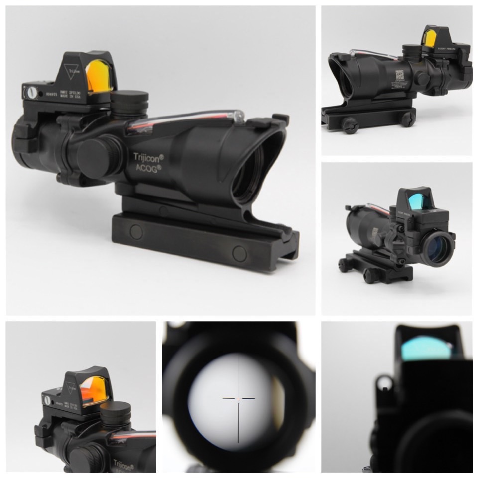 New.ดอทAcog 4เท่า+ดอทRMR คุณสมบัติ : กำลังขยาย4เท่าตายตัว ตัวเป้ามีไฟสีแดง ทำงานด้วยระบบ Fiber Optics ขาจับราง20mm. ดอทRMRเป็นแบบเปิดปิดด้วยแสง ตัวดอทมาพร้อมศูนย์เปิด (สามารถสลับตำแหน่งซ้ายขวาได้) ใช้ถ่าน CR2032 จำนวน1ก้อน (แถมถ่าน CR2032 ให้ในชุด) อุปกรณ