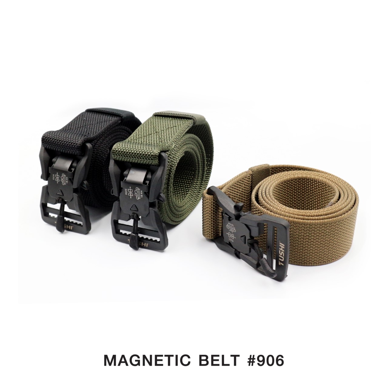 Magnetic belt #906 หัวเข็มขัดเป็น Polymer ฝังแม่เหล็ก ใช้งานง่าย หัวล็อคไว ปลดล็อคไว แค่ดึงเชือก สายผลิตจาก Nylon แท้ 100% สายมีความแข็ง สามารถเกี่ยวอุปกรณ์ต่างๆได้ ความยาว 125 cm. (free size) กว้าง 1.5" 3 สี ดำ เขียว ทราย ราคาส่ง