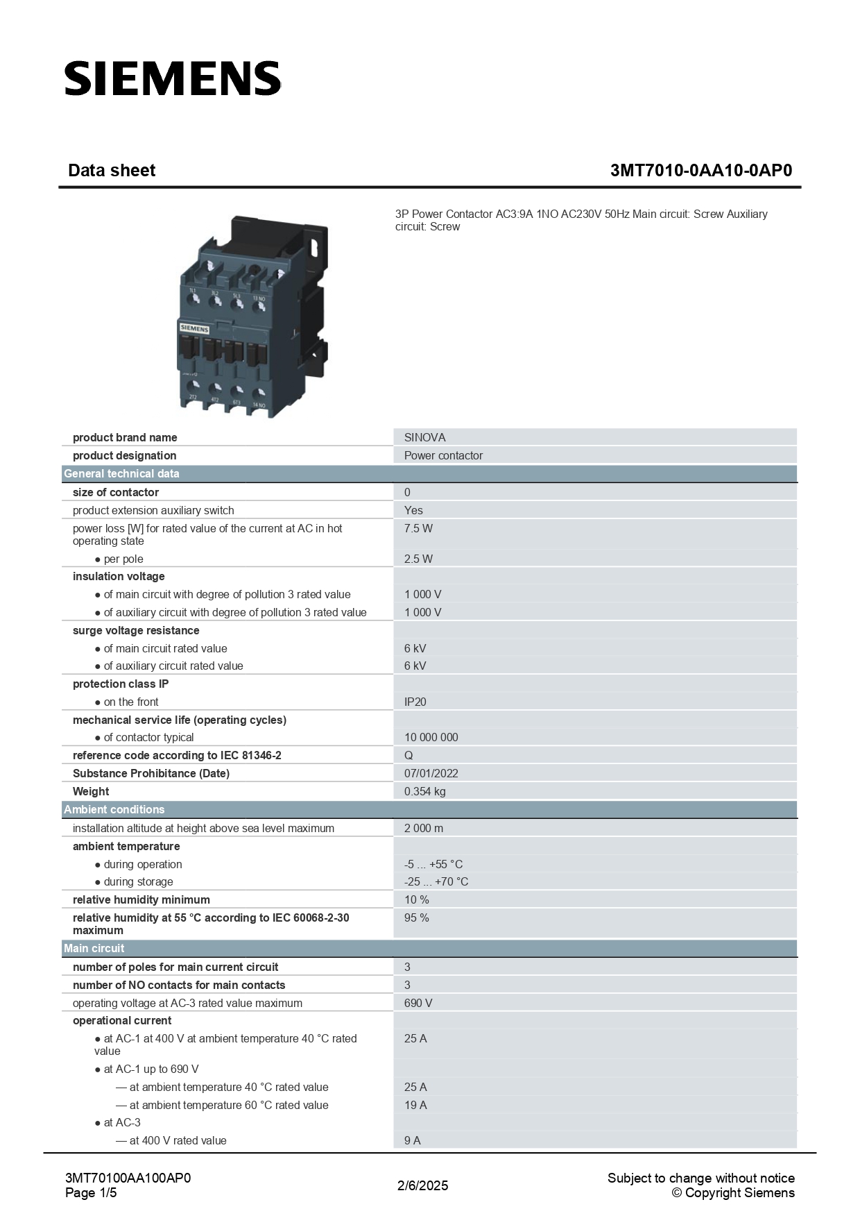 3MT7010 SIEMENS คอนแทคเตอร์ 9A, 4kW, 220AC, 1NO Frame S0 Magnetic ซีเมนส์ 3MT7010-0AA10-0AP0
