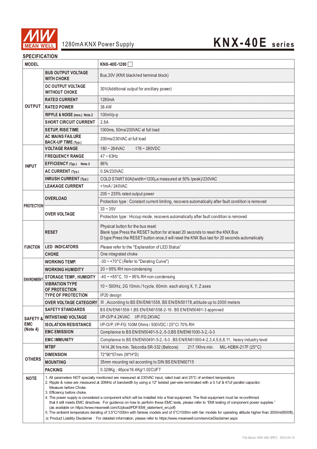 สวิทช์ชิ่งพาวเวอร์ซัพพลาย Meanwell KNX-40E-1280 POWER SUPPLY 40W 30V 1.28A
