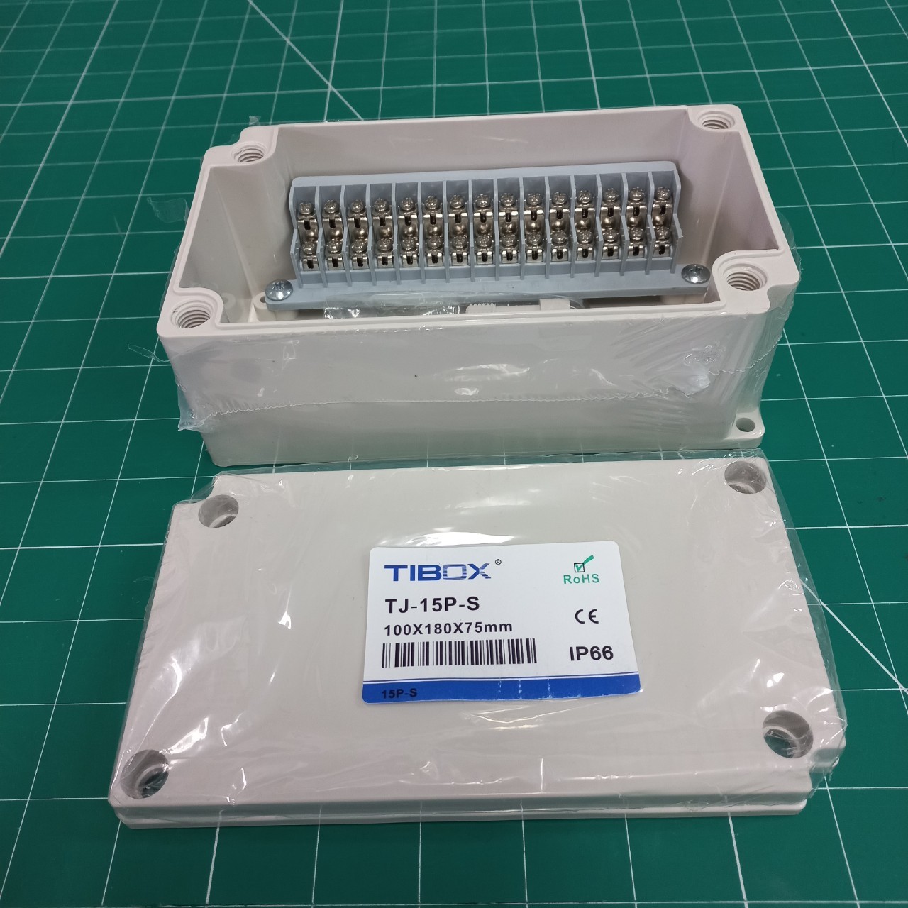 TIBOX TJ-15P-S กล่องพลาสติก พร้อมเทอร์มินอลบล็อก 15 ช่อง IP66 ขนาด 100x180x75 mm