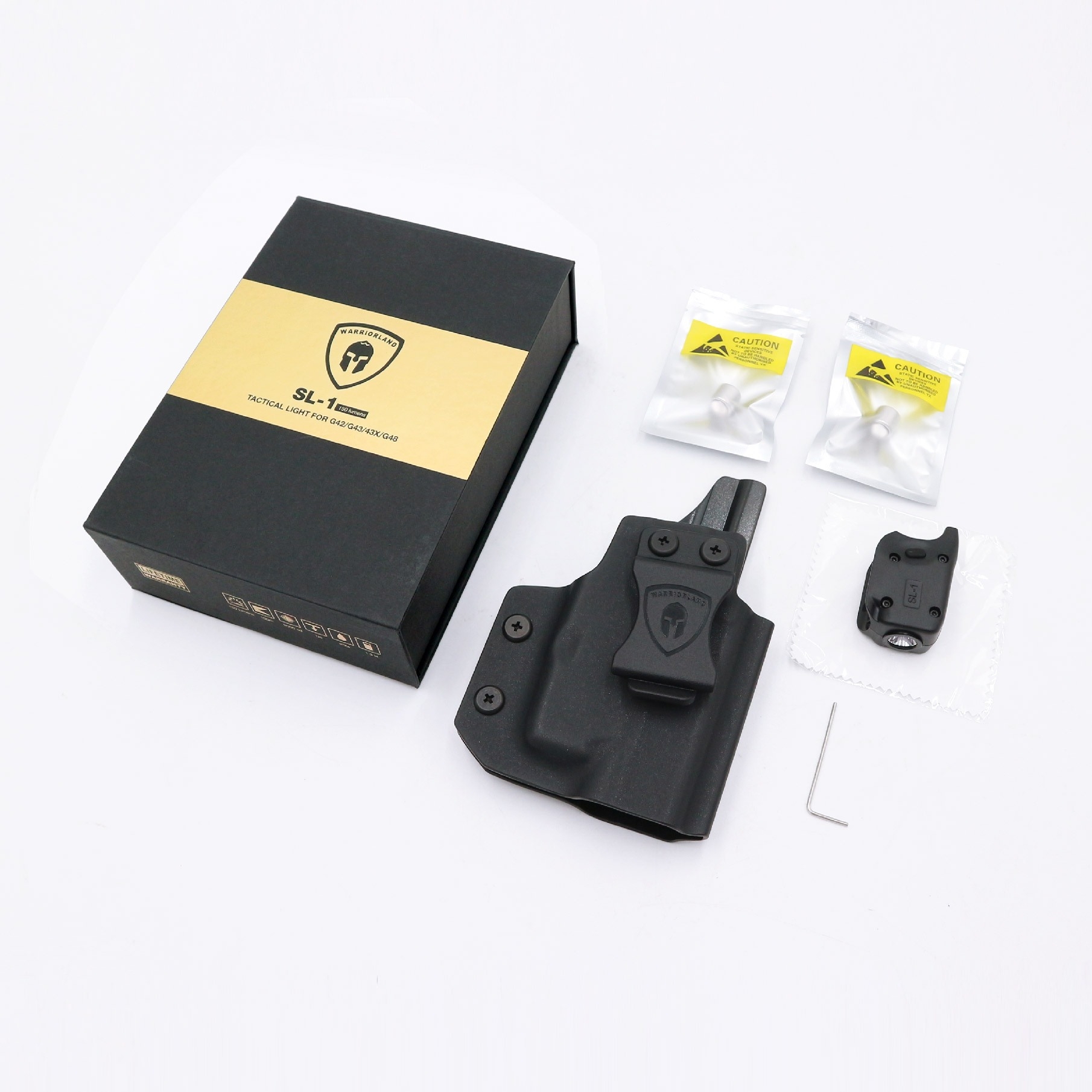 ไฟฉาย Warriorland SL-1 + ซองพกใน Kydex G43/G43X ( เฉพาะรุ่นที่ไม่มีราง ) ไฟฉาย Warriorland SL-1 + ซองพกใน Kydex 🔺ไฟฉาย ผลิตจาก Polymer เกรดคุณภาพ 🔺ออกแบบให้ทนทานต่อแรงรีคอยด์ได้ 🔺ความสว่าง 150 Lumens 🔺ระยะส่องสว่าง 100 m. &