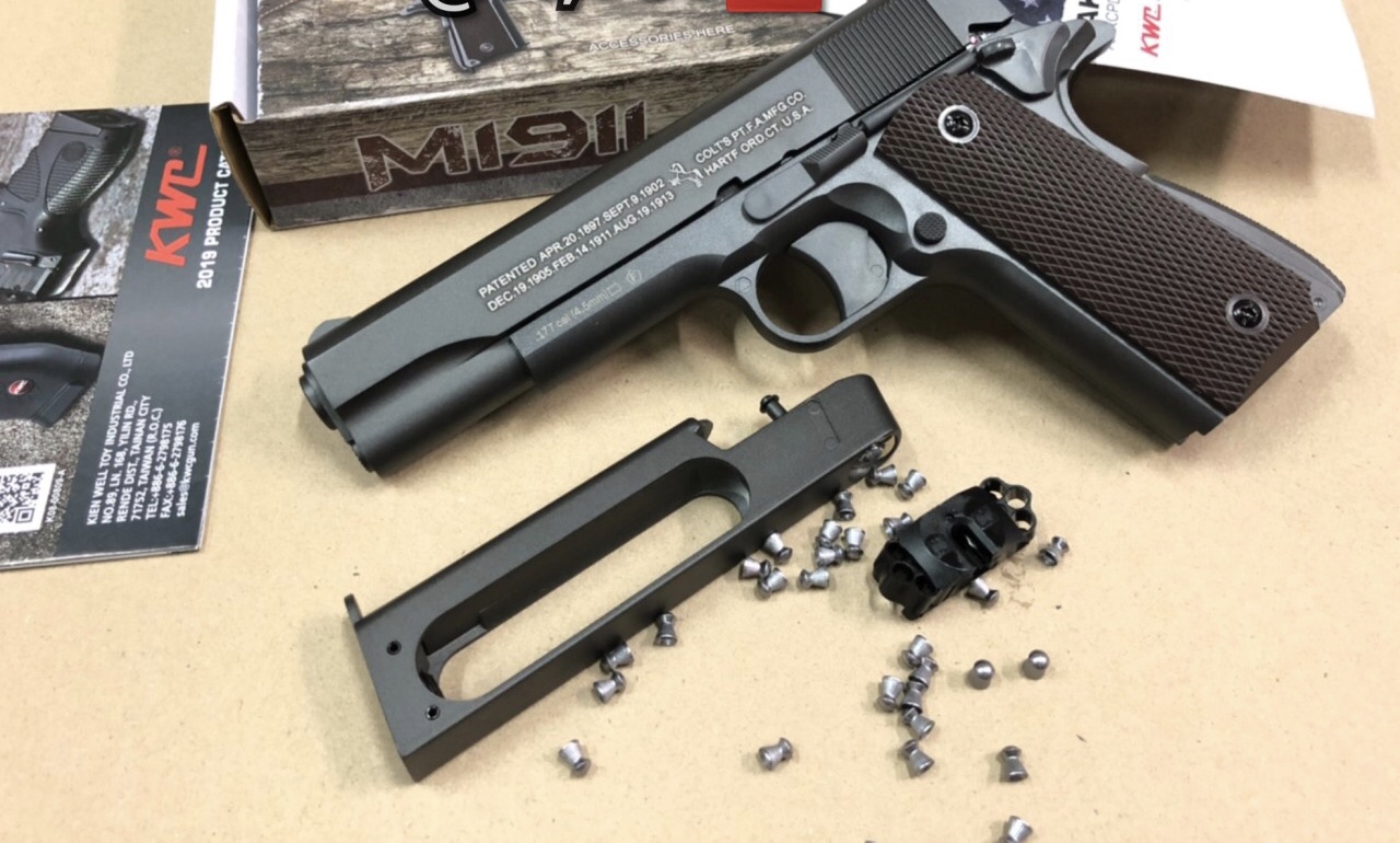 KWC 1911 CO2 .177cal. Pistol เบอร์1 ✅SP แรง 350-370Fps ✅Weight น้ำหนัก: 990g ✅Lenght ความยาว: 220mm ✅Magazine บรรจุลูก 12Shot ✅Barrel ลำกล้องโลหะ 12 เกลียว ✅Action Non-Blowback, Double Action แก๊สหลอด Co2 12g 1 หล