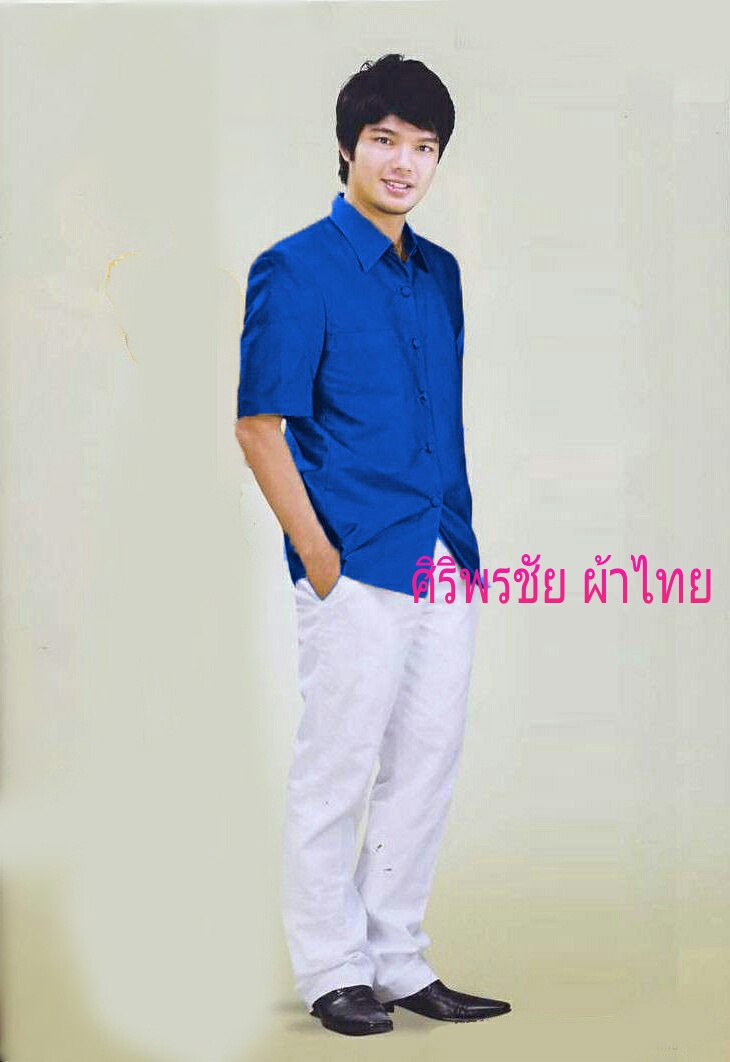 เสื้อสูทชายไหมแพรทิพย์สีน้ำเงิน เสื้อสูทชายไหมแพรทิพย์ สูทผ้าไทยชาย ซาฟารีผ้าไทยชาย สูทผ้าไหมสีน้ำเงิน น้ำเงิน S