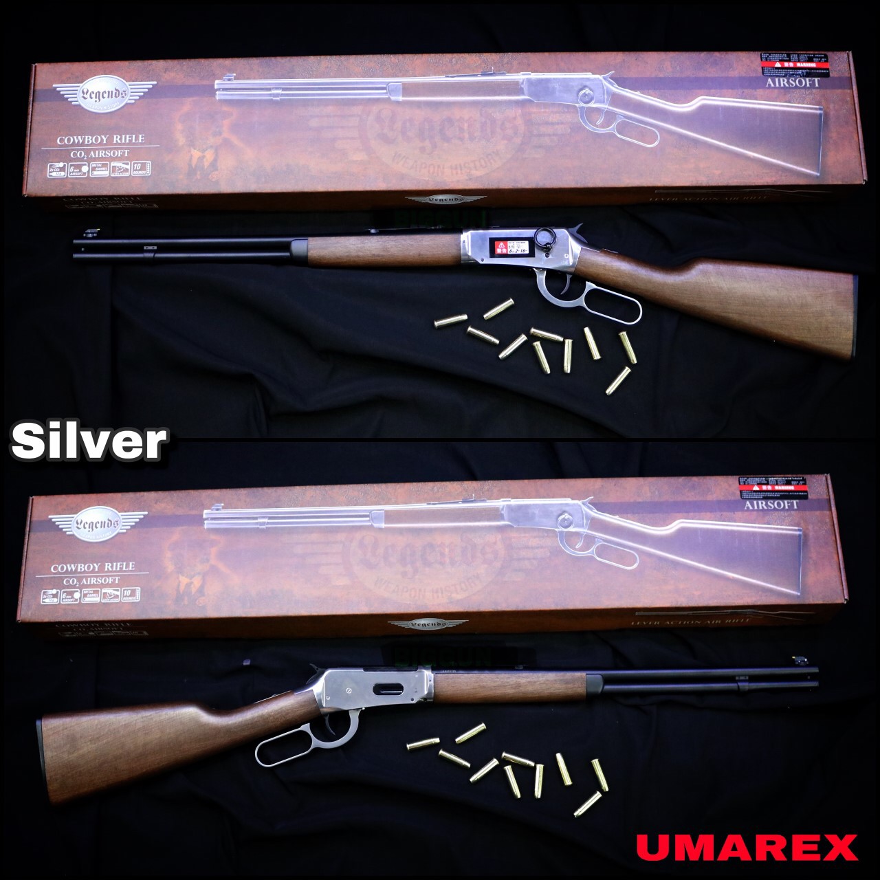 Umarex Legends Cowboy Lever Action Rifle “แรง 400 ฟุต” (สีเงิน/สีทอง) * ระบบ CO2 * คัดปลอก * ระบบคานเหวี่ยง * บอดี้โลหะ * บรรจุ 10 นัด * ศูนย์หน้าตายตัว * ศูนย์หลังปรับได้ * พานท้ายโพลิเมอร์ลายไม้ * ใช่ปลอกกระสุนร่วม กับ Peacemaker ได้ * บรรจุ co2/2หลอด ใ