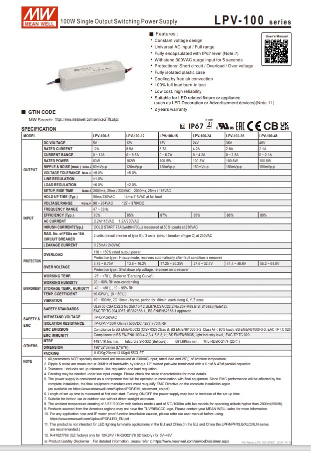 LED Driver พาวเวอร์ซัพพลาย LPV-100-24 Meanwell 24VDC 100W Switching Power Supply