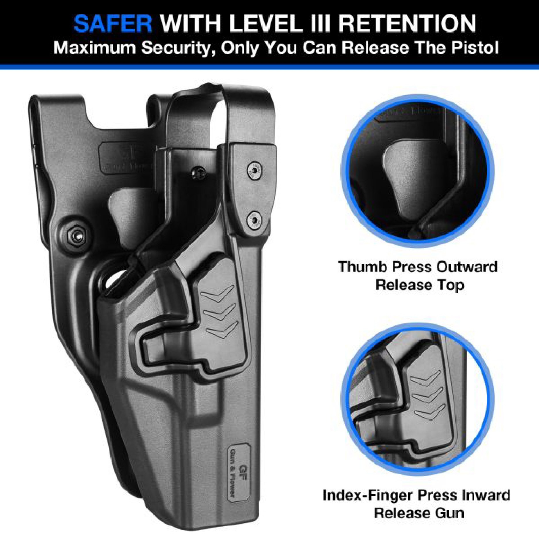 New. ซองพกนอก G17/19 Level 3 GF ( Gun Flower G17/19 Duty Holster Level III ) 🌀 ผลิตจาก Nylon PA66 เกรดคุณภาพ 🌀 ซองออกแบบมาเพื่อความปลอดภัยในการปฏิบัติหน้าที่ 🌀 Double lock 2 ชั้น ปลดนิ้วโป้งก่อน แล้วจึงปลดนิ้วชี้ตาม 🌀 ป้องก