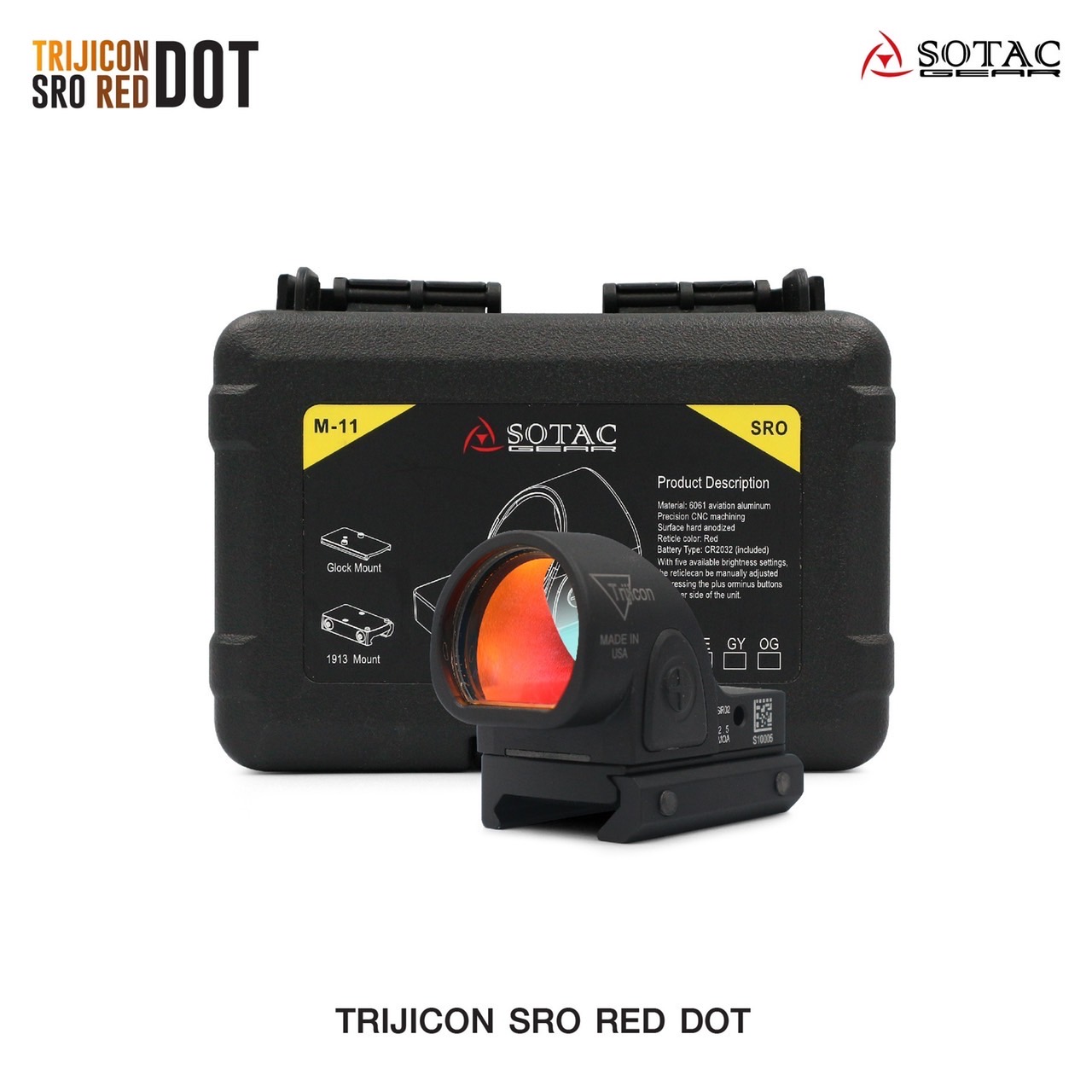 New.Trijicon SRO Red Dot ผลิตจากวัสดุ Aluminum ทำผิว hard anodized ขนาด 2.5 MOA Dot Red dot สีแดง คมชัด รูปร่างขนาดเล็ก Low Profile มาพร้อมขาจับ mount แบบ 20 มม. และ Glock mount ( บีบีกัน ) ปรับระดับความสว่างง่าย +/- ด้านข้าง Battery : 1*CR2032 (แถมมา) แถ