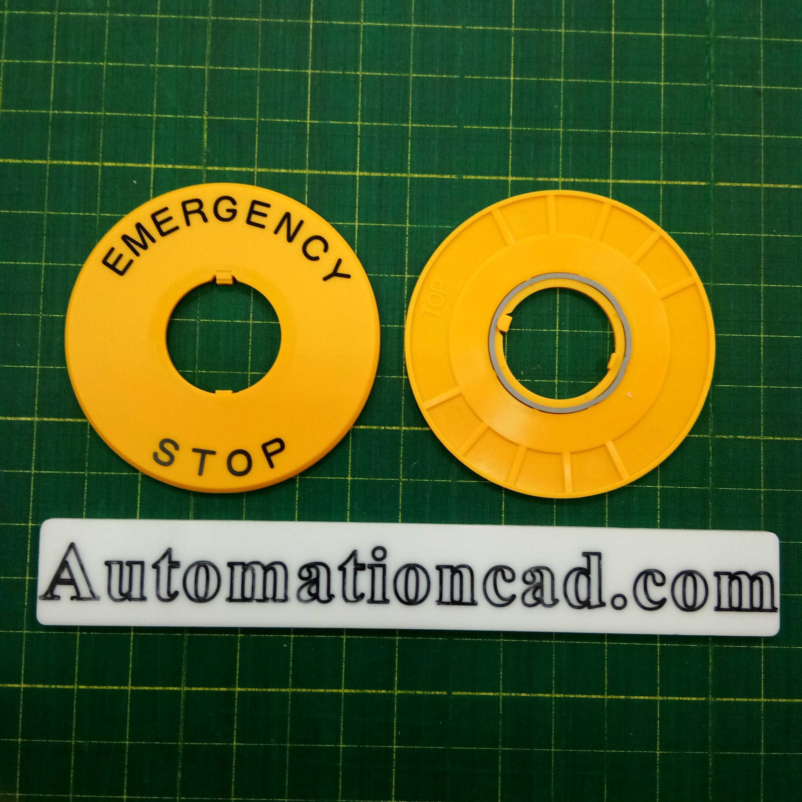 แผ่นเนมเพลทปุ่มกด Emergency IDEC สีเหลือง วงกลม Ø60mm (รู 22 mm) HWAV-27