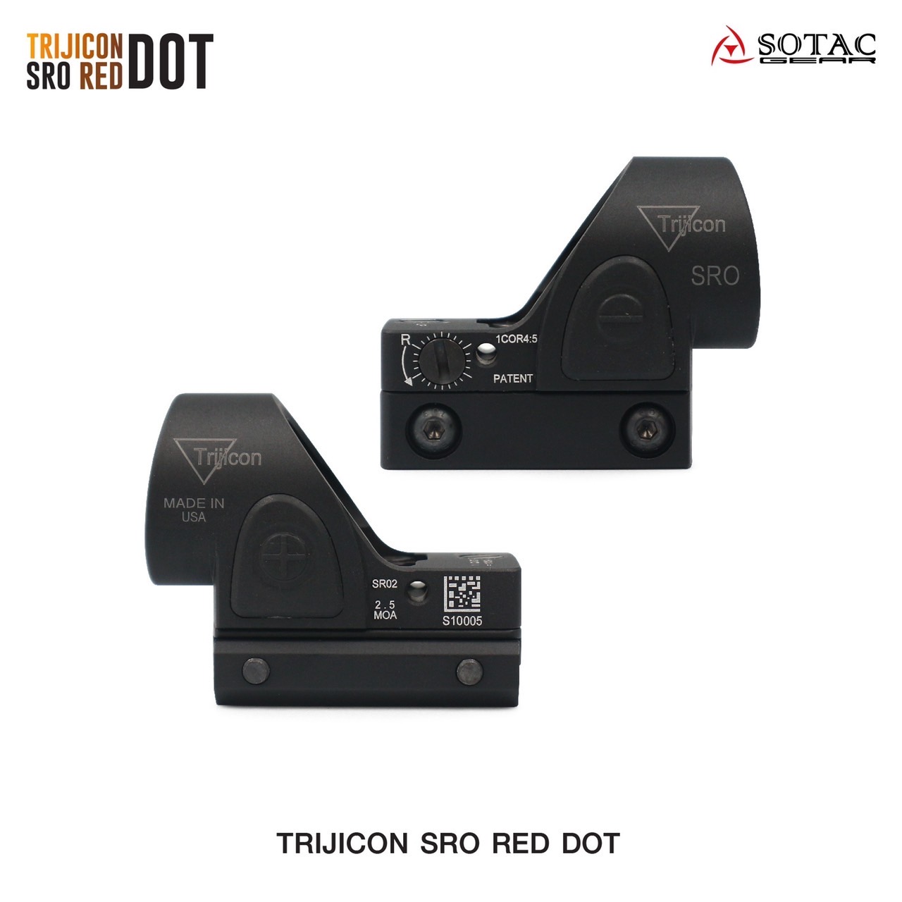 New.Trijicon SRO Red Dot ผลิตจากวัสดุ Aluminum ทำผิว hard anodized ขนาด 2.5 MOA Dot Red dot สีแดง คมชัด รูปร่างขนาดเล็ก Low Profile มาพร้อมขาจับ mount แบบ 20 มม. และ Glock mount ( บีบีกัน ) ปรับระดับความสว่างง่าย +/- ด้านข้าง Battery : 1*CR2032 (แถมมา) แถ