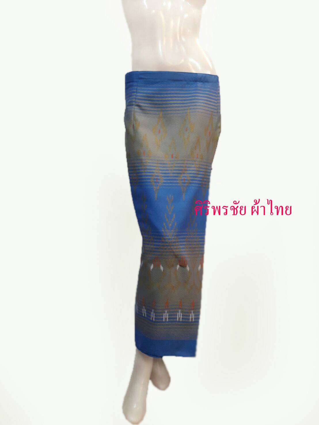 ผ้าซิ่นสำเร็จรูปผ้าซิ่นผ้าฝ้ายสีฟ้าลายลูกแก้วในตัว แบบป้ายติดตะขอ ผ้าถุงสำเร็จรูปสีฟ้า ผ้าฝ้ายลายมัดหมี่อิสานสำเร็จสำเร็จรูป