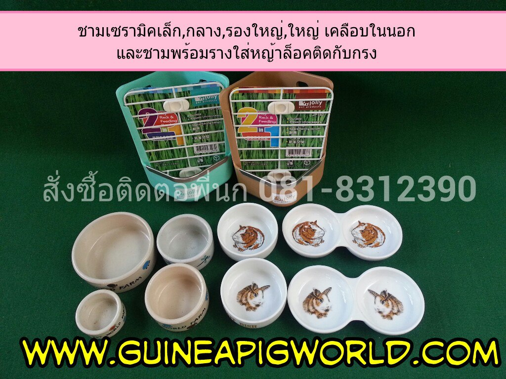 ชามอาหารพร้อมรางใส่หญ้า 2in1 ที่กั้นหญ้าเป็นเหล็กพ่นสีแข็งแรงปลอดภัย มีตัวล็อคติดกับกรงไม่คว่ำง่าย