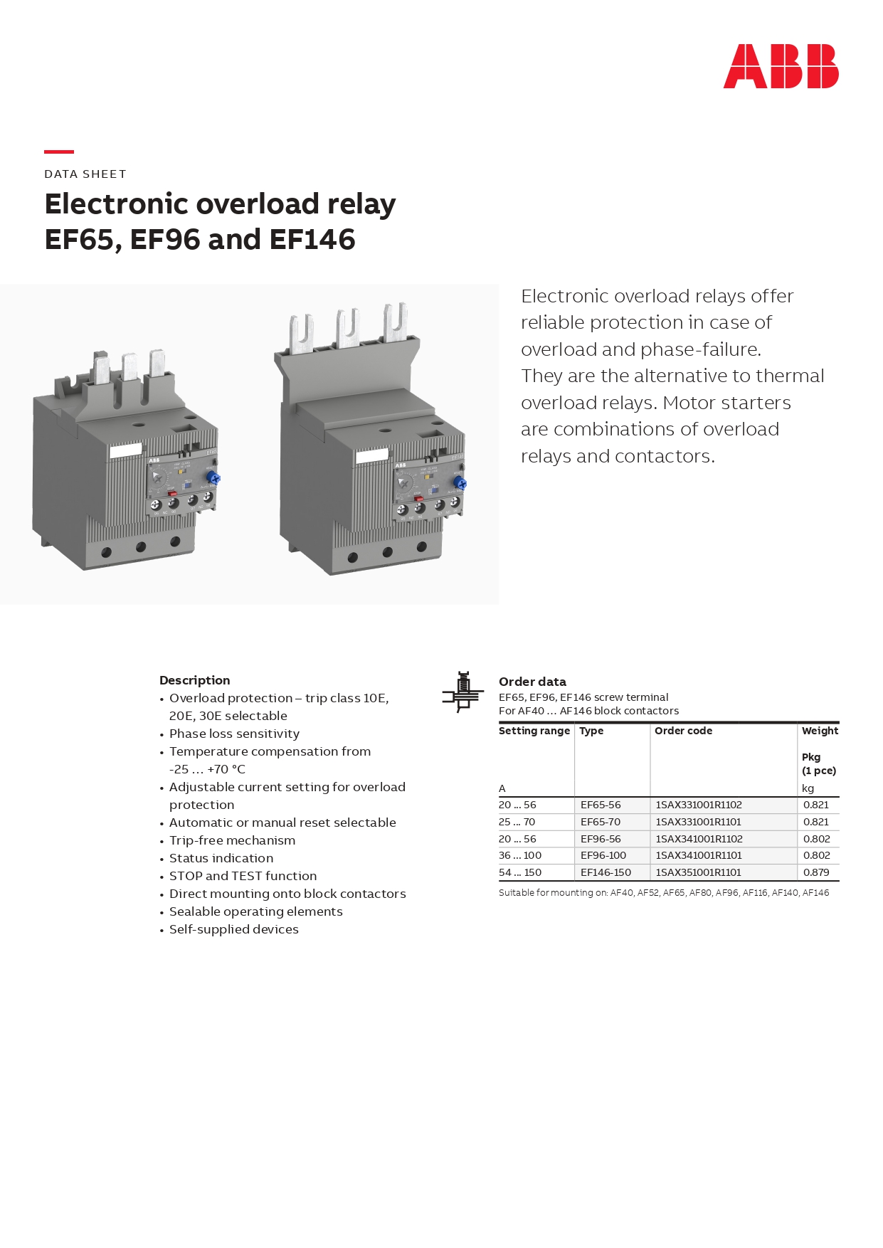 โอเวอร์โหลดรีเลย์ EF146-150 ABB Overload Relay 54-150A 1SAX351001R1101