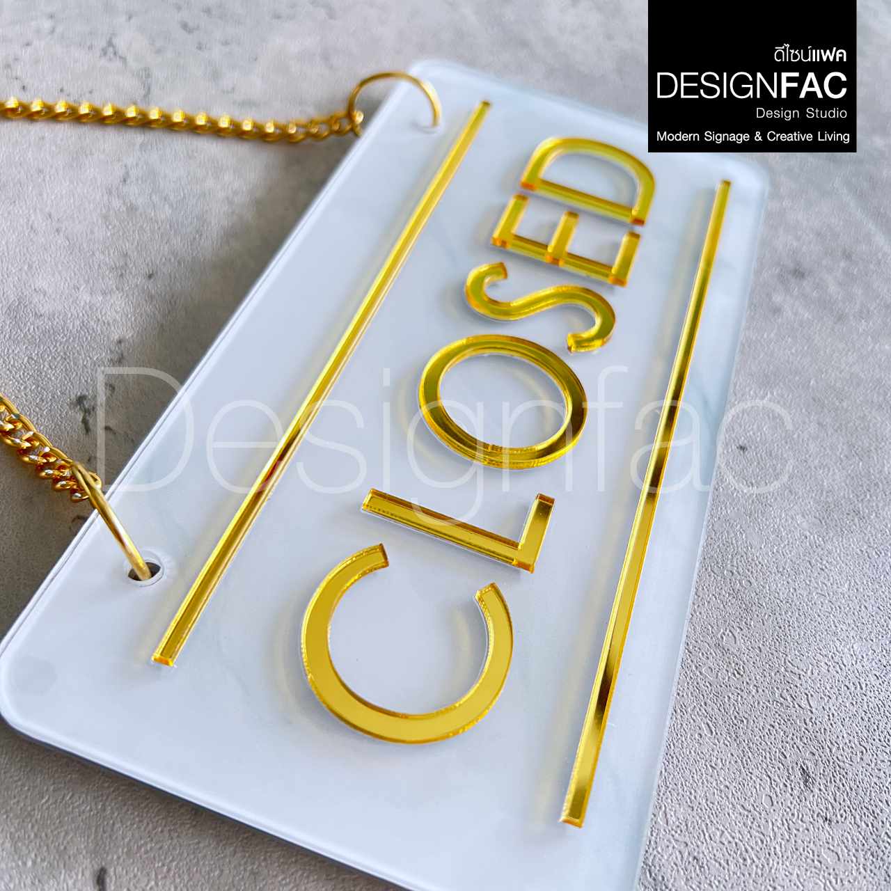 ป้ายเปิดปิดร้าน OPEN CLOSE ป้ายติดหน้าร้านลายหินอ่อนสีขาวตัดทอง สวยหรูหรา สไตล์โมเดิร์น มินิมอล