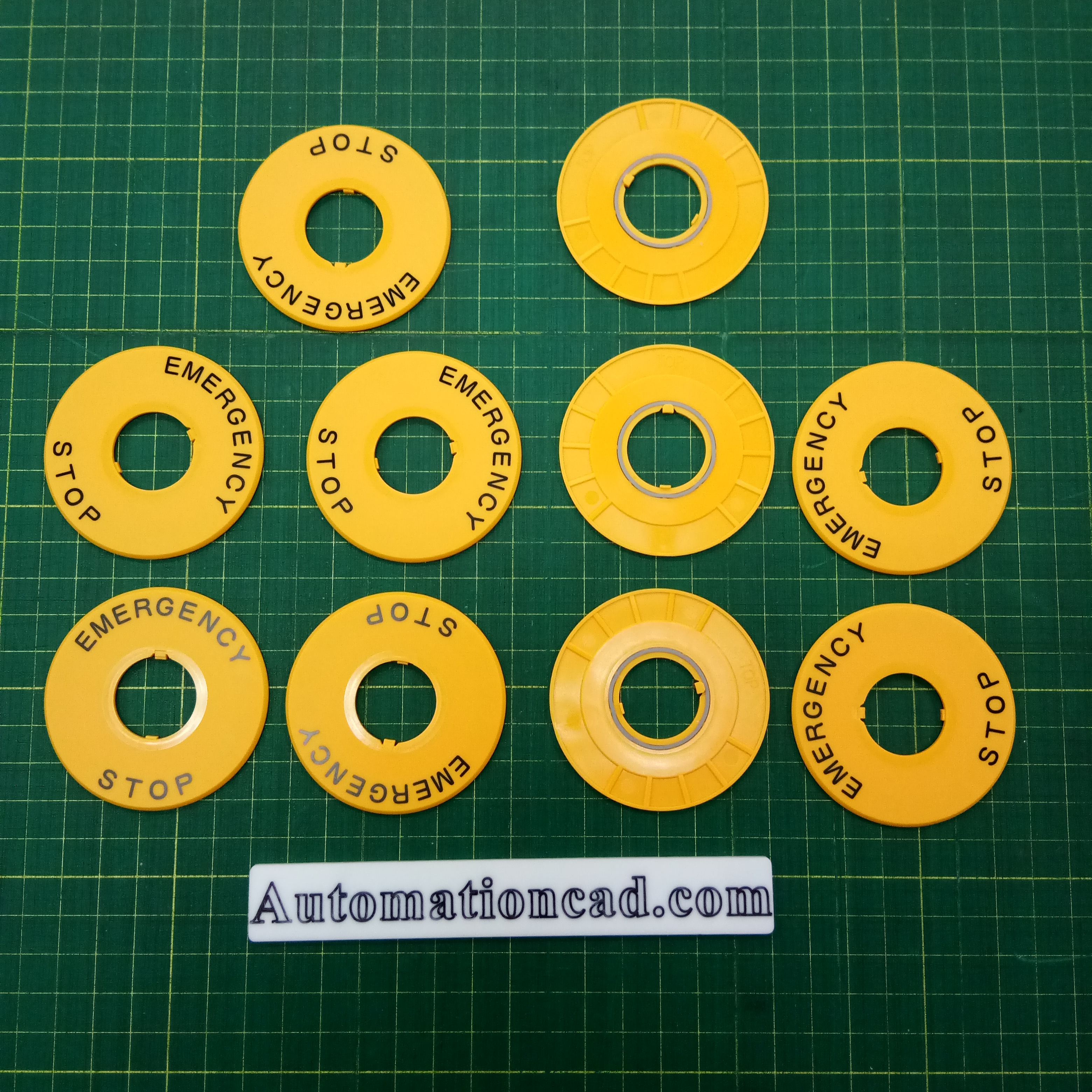 แผ่นเนมเพลทปุ่มกด Emergency IDEC สีเหลือง วงกลม Ø60mm (รู 22 mm) HWAV-27