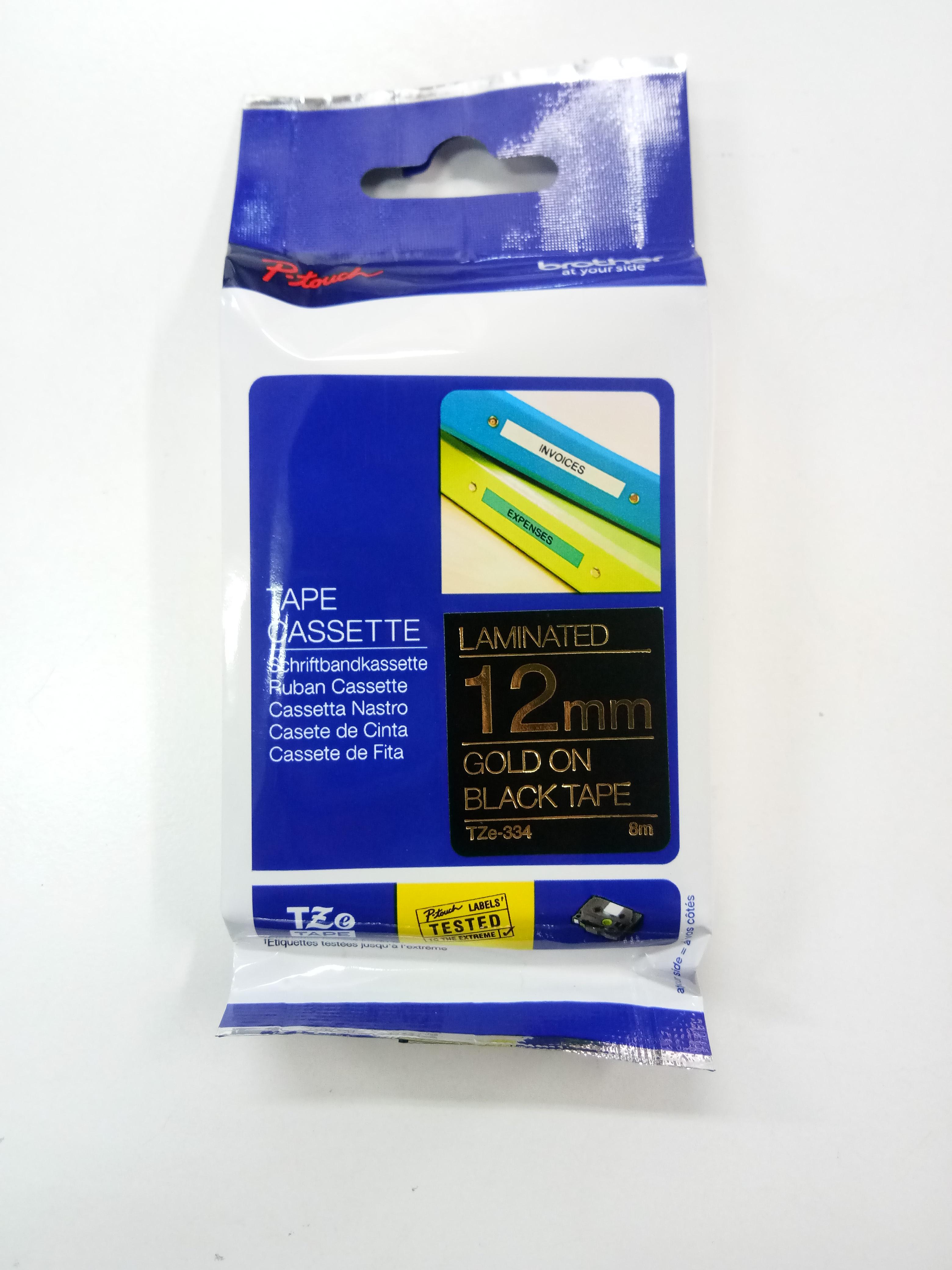 เทปพิมพ์อักษร TZE-334 12 มม. BROTHER ของแท้ อักษรสีทอง พื้นดำ