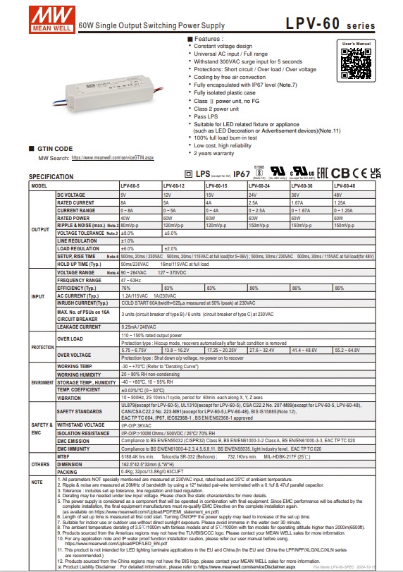 LED Driver พาวเวอร์ซัพพลาย LPV-60-12 Meanwell 24VDC 35W Switching Power Supply