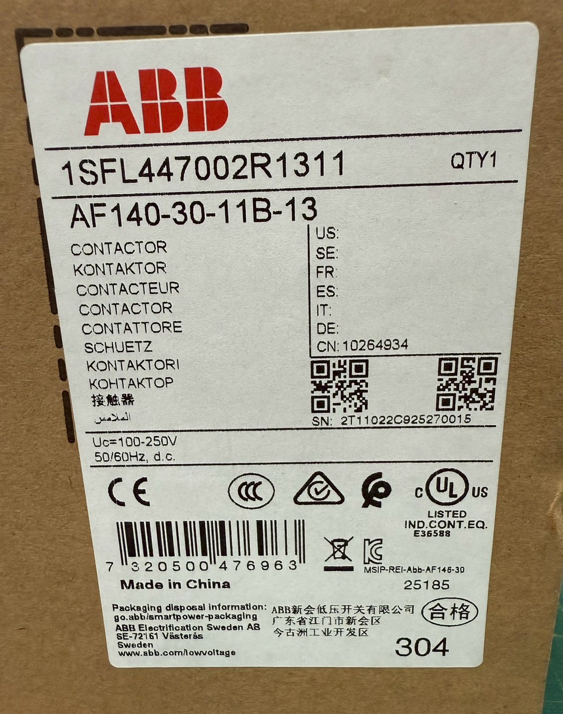 แมกเนติก AF140-30-11B-13 ABB 75kW Magnetic Contactor คอยล์ 220VAC 1 SFL447002R1311