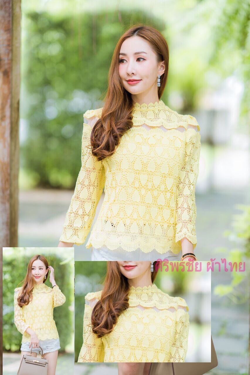 เสื้อลูกไม้สไตน์เกาหลีสีเหลือง เสื้อลูกไม้สไตน์วัยรุ่นสีเหลือง เสื้อใส่ผ้าซิ่น เสื้อลูกไม้แขนยาว5 ส่วน เสื้อลูกไม้ใส่กับผ้าถุงสีเหลืองสวยๆ สีเหลือง XL=36