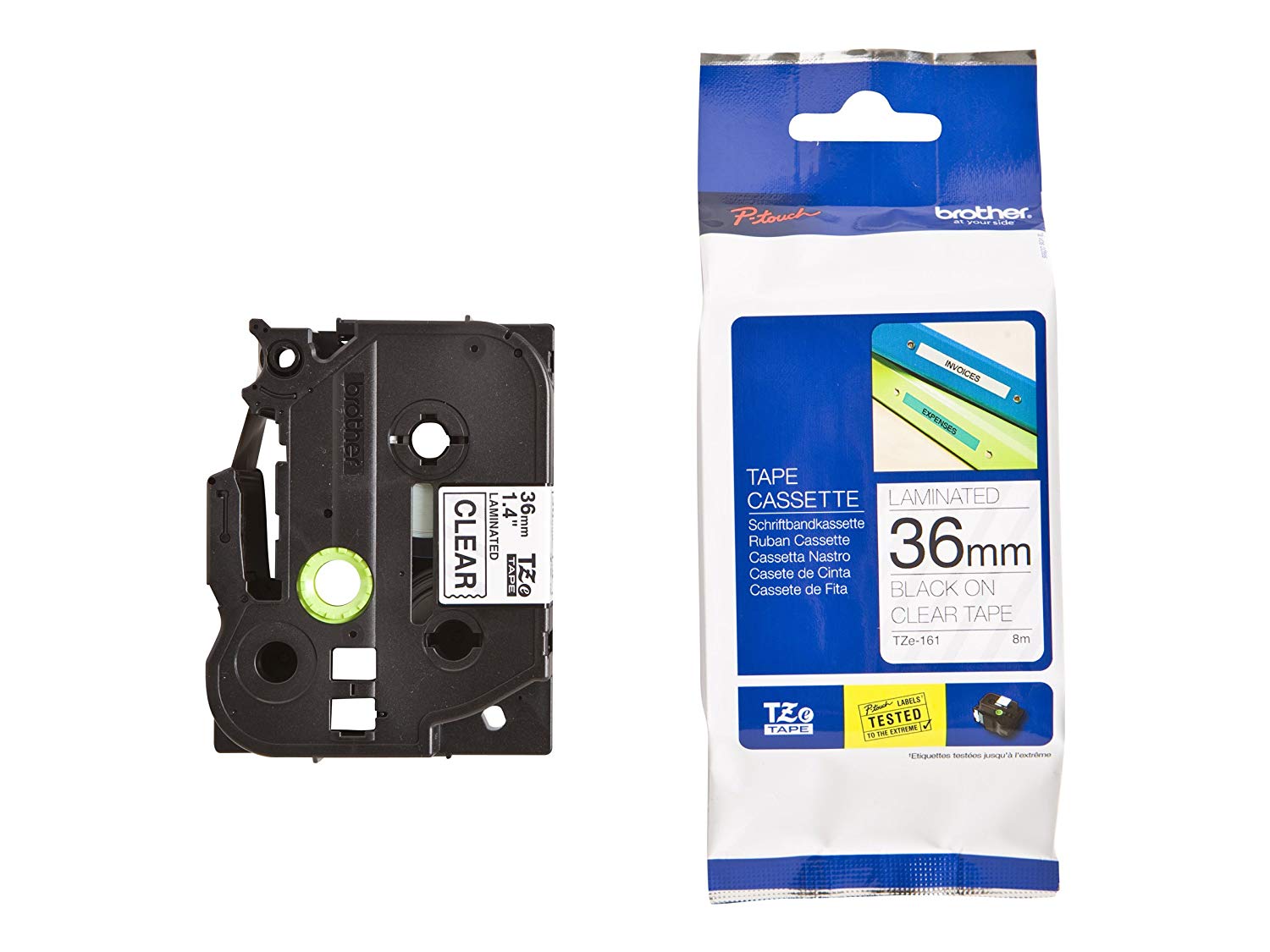 เทปพิมพ์อักษร TZE-161 ขนาด 36 มม. อักษรสีดำพื้นใส แบบเคลือบพลาสติก Brother