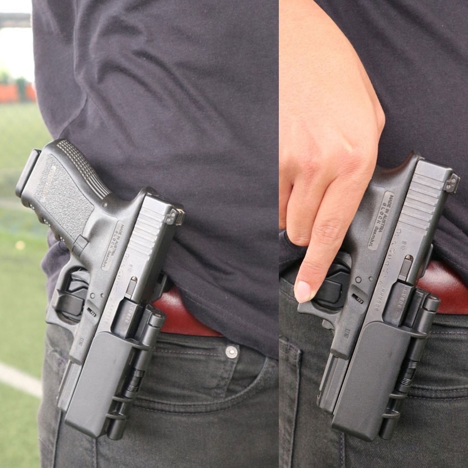 New.ซองปืนขึ้นลำ G19 ผลิตจาก Polymer เกรดพิเศษ แข็งแรง สามารถขึ้นลำได้ ด้วยเพียงมือเดียว ระบบ Safety ล็อคโก่งไก ปลอดภัย แรงสปริงดีดออกด้านข้างทันที ที่ปลดล็อคปืน ตัวล็อคเข็มขัดออกแบบให้ใช้ง่าย ปรับขนาดได้ สามารถปรับเป็นแบบพกต่ำได้ หมดกังวล สำหรับท่านที่ติ