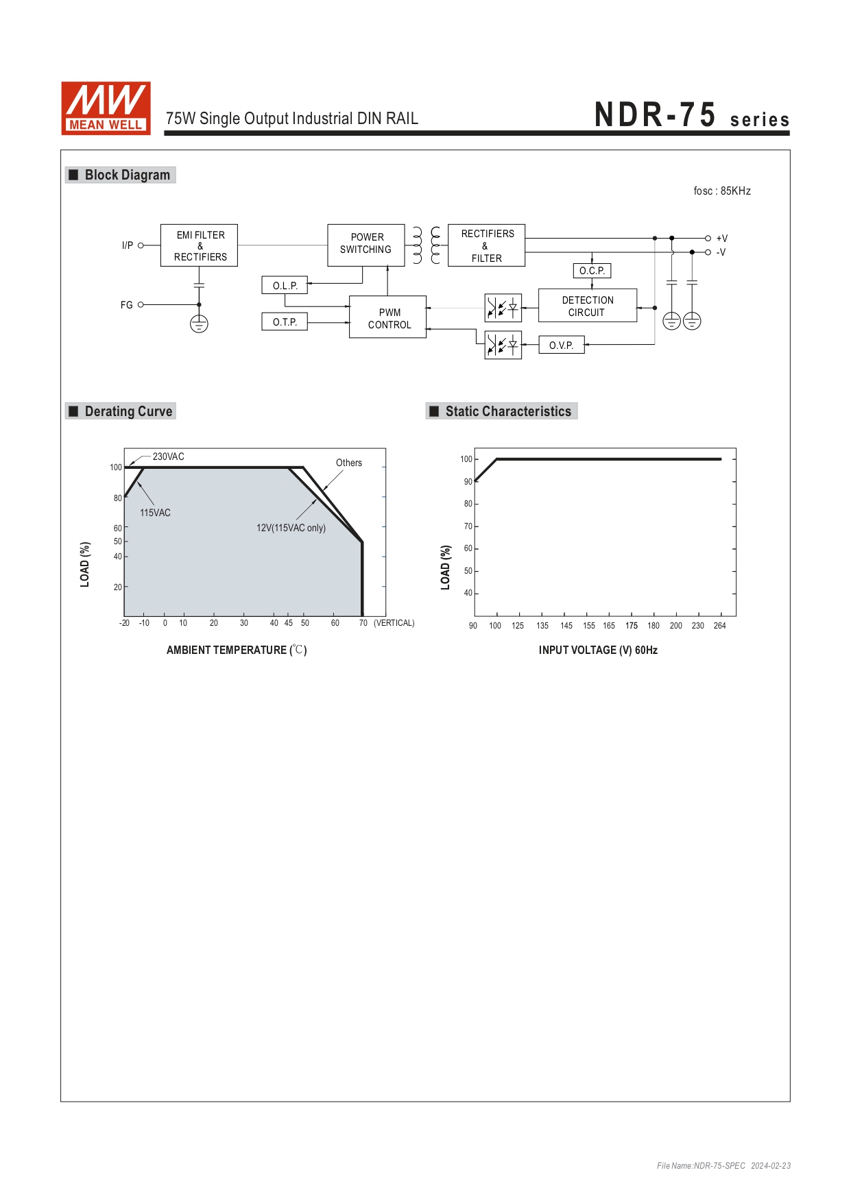 พาวเวอร์ซัพพลาย NDR-75-12 MEANWELL 6.3A 12VDC POWER SUPPLY NDR