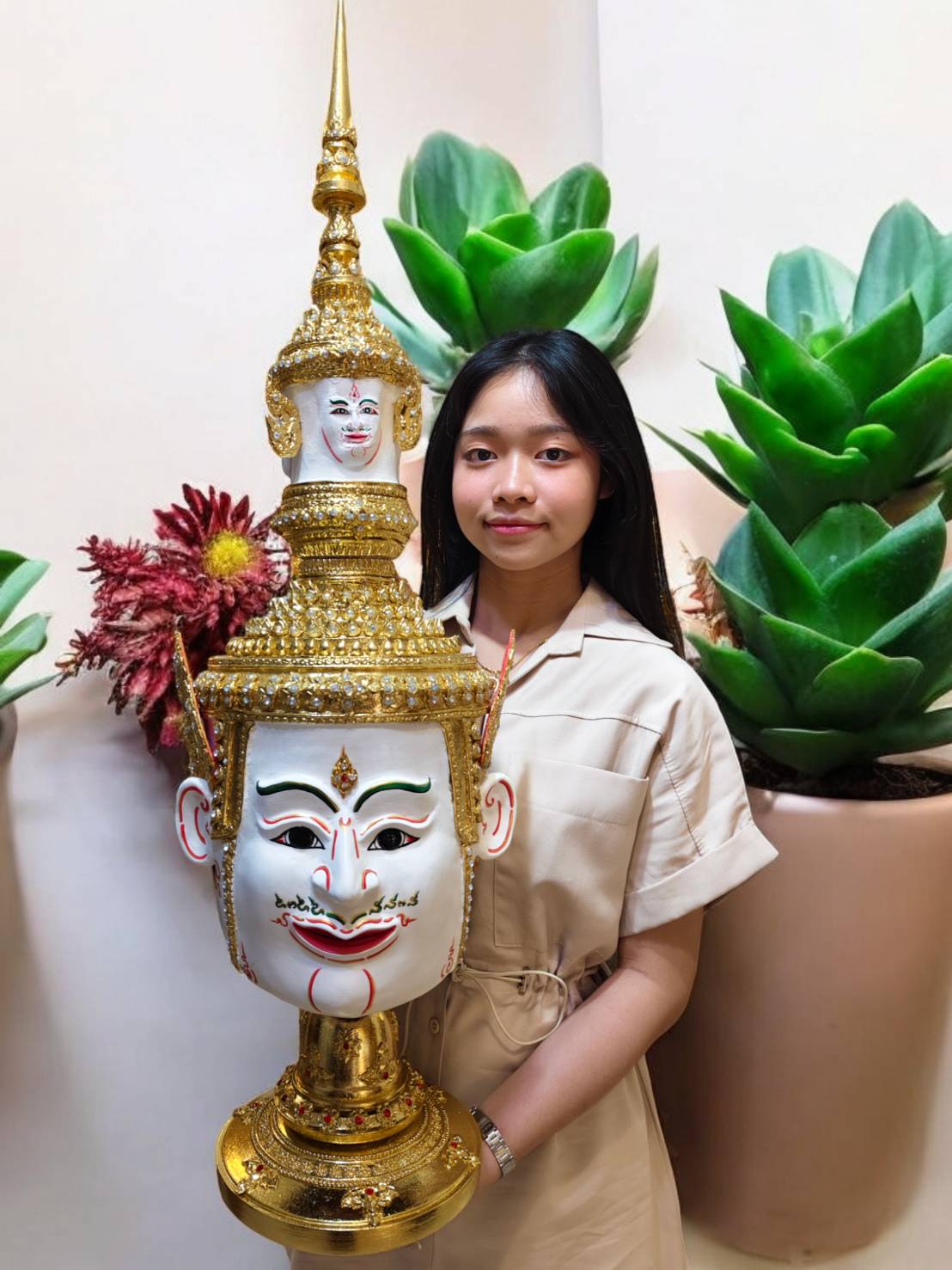 ชุดเศียรครู ขนาดครอบ งานกระดาษ พร้อมฐานไม้สีแดง