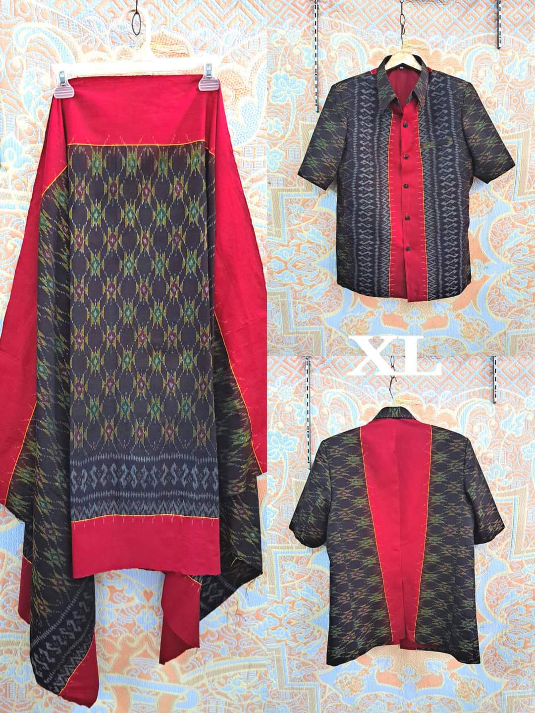 เสื้อสูทชายผ้าฝ้ายมัดหมี่แท้มัดหมี่ตีนแดงทอมือ เสื้อสูทชายฝ้ายแท้ สูทผ้าไทยชาย ซาฟารีผ้าไหมชาย สูทผ้าฝ้ายมัดหมี่ตีนแดง,สูทผ้าไทย ซาฟารีชาย ตามภาพ XL