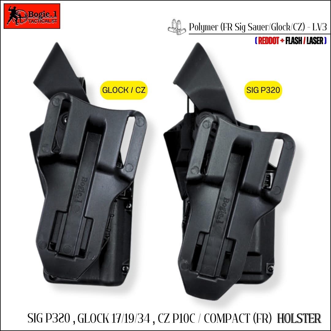 New.ซองปืนพอลิเมอร์ G19 / G17 , SIG P 320 (FR) วัสดุเกรดพรีเมี่ยม ไม่ทำลายเนื้อปืน *** ใช้ใส่ปืนติดดอท ติดไฟฉายได้ เพลทโหลด ปรับ สูง - ต่ำได้ 12 ระดับ สามารถปรับเป็นซองปืนรัดต้นขาได้ ความปลอดภัยสูง ป้องกันการแย่งปืน รุ่นปืน SigP320 / Sig P320 Xfive Legion