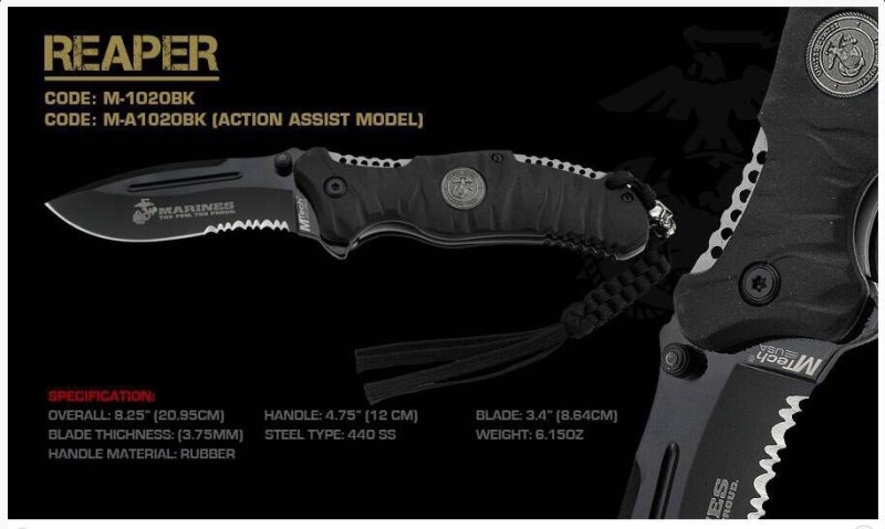 New.มีด Usmc Reaper ใบมีดทำจากเหล็ก 440c as เป็นเหล็กกล้าปลอดสนิม ทนต่อการเสียดสีสูงและทนต่อการกัดกร่อนได้ดี ใบมีดหนา 3.25 มม. ด้ามมีดเป็นยางสังเคราะห์ กระชับมีไม่ลื่นหลุดง่าย เป็นมีดที่ได้รับการอนุญาติให้ผลิตโดยนาวิกโยธินสหรัฐฯ ราคาพิเศษ