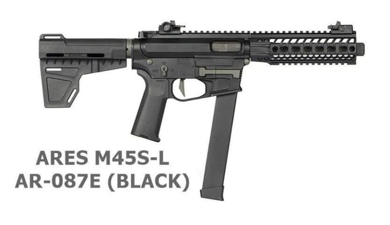 Ares M45-S Class (Short) with EFCS Gearbox ”บอดี้ไฟเบอร์” Features: Pistol caliber carbine design. Fully folding stock with arm stabiliser band. Plugs and plays with other M45 designed accessories. Good for 380fps. Comes with 1 55 round short magazine and