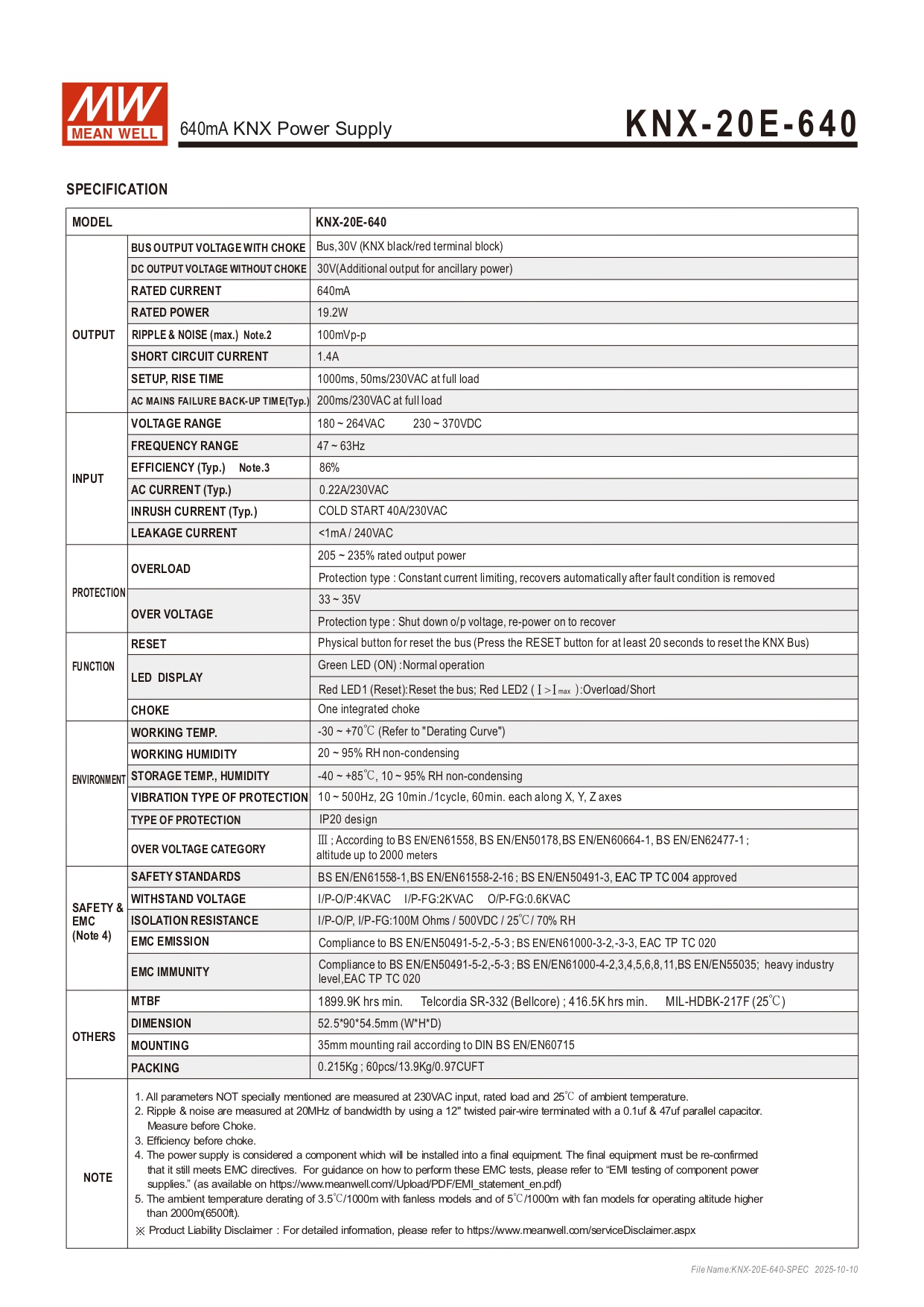 สวิทช์ชิ่งพาวเวอร์ซัพพลาย Meanwell KNX-20E-640 POWER SUPPLY 19.2W 30V 640mA 220VAC
