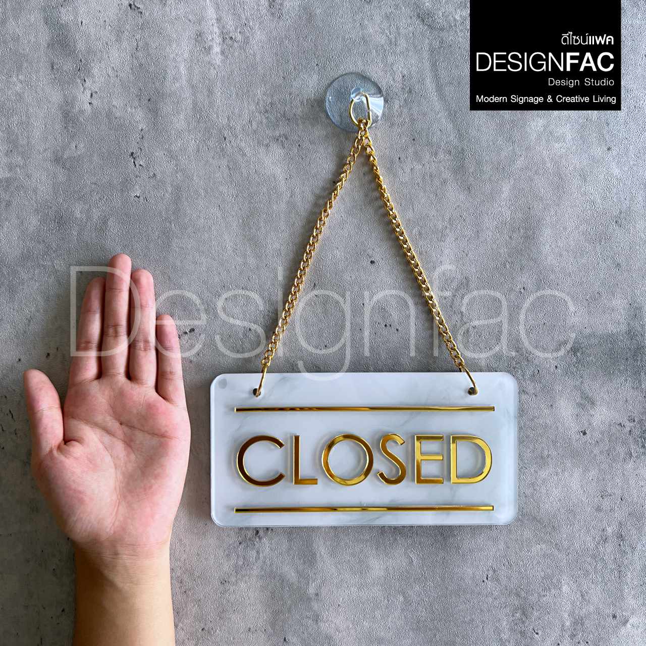 ป้ายเปิดปิดร้าน OPEN CLOSE ป้ายติดหน้าร้านลายหินอ่อนสีขาวตัดทอง สวยหรูหรา สไตล์โมเดิร์น มินิมอล