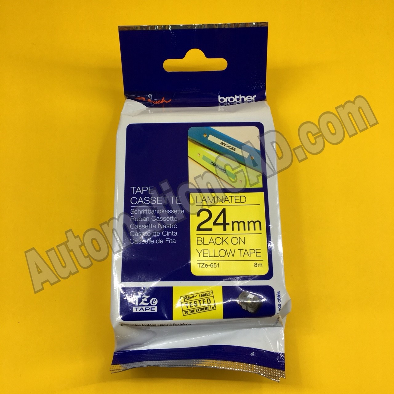 เทปพิมพ์อักษร TZE-651 ขนาด 24 มม. อักษรสีดำพื้นเหลือง แบบเคลือบพลาสติก Brother