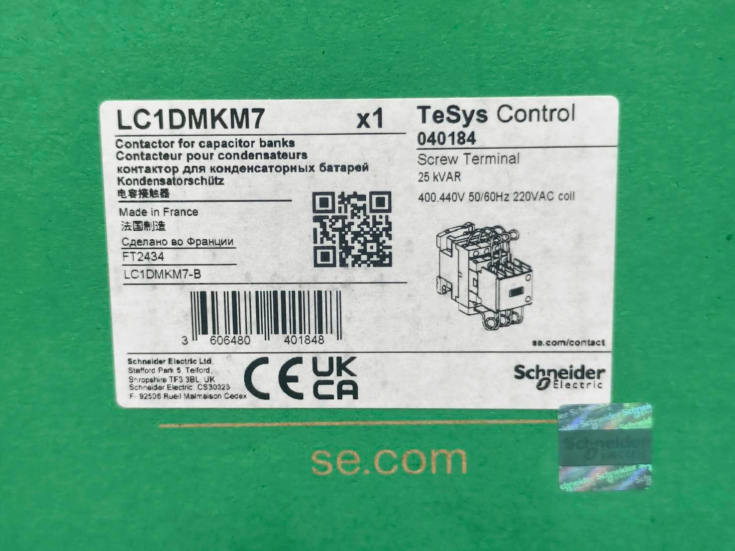 LC1DMKM7 คอนแทคเตอร์สำหรับคาปาซิเตอร์ SCHNEIDER Capacitor contactor LC1D09M7 coil 220VAC 25kVAR at 400/415V